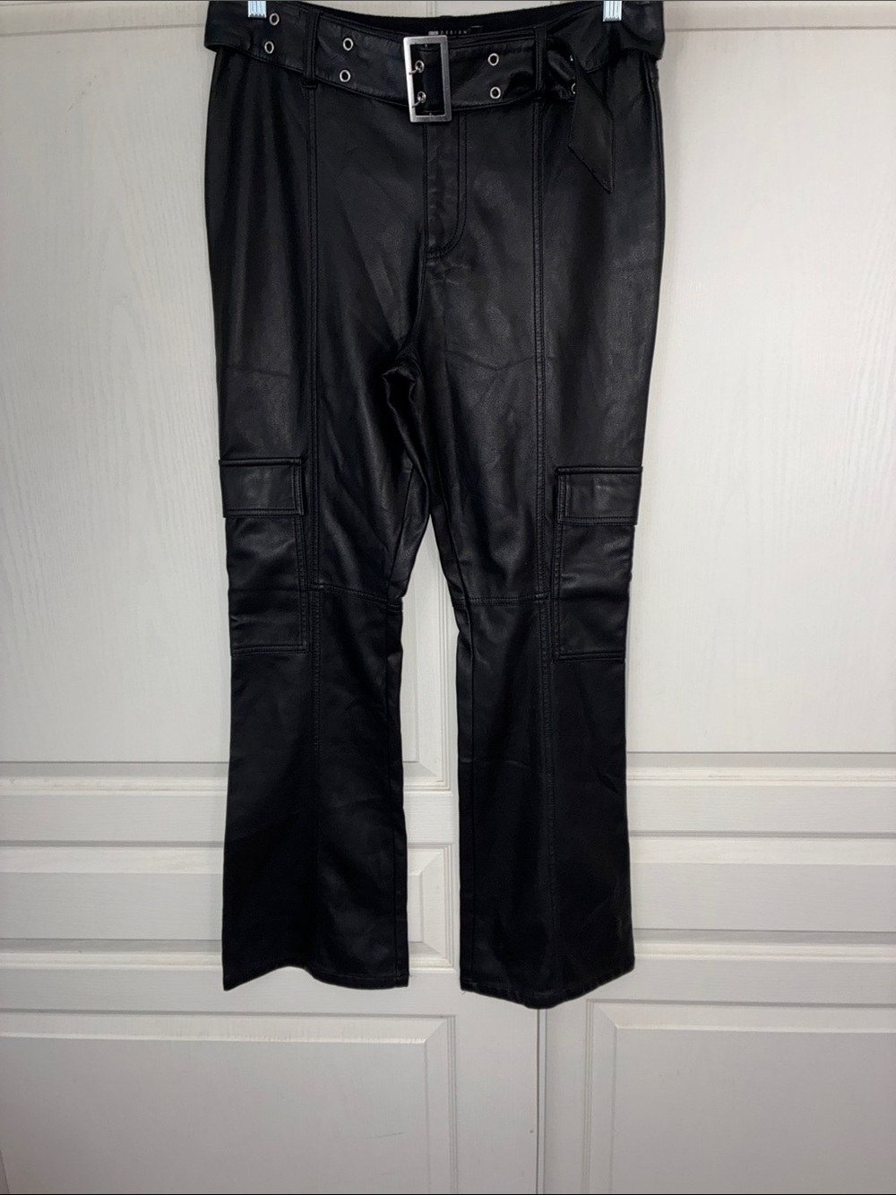 Black Faux Leather Boot Cut Pants with Belt